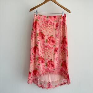 Vintage Betsey Johnson Skirt 6 Pink Silk Floral Rose Slip Lace Coquette 90s Girl